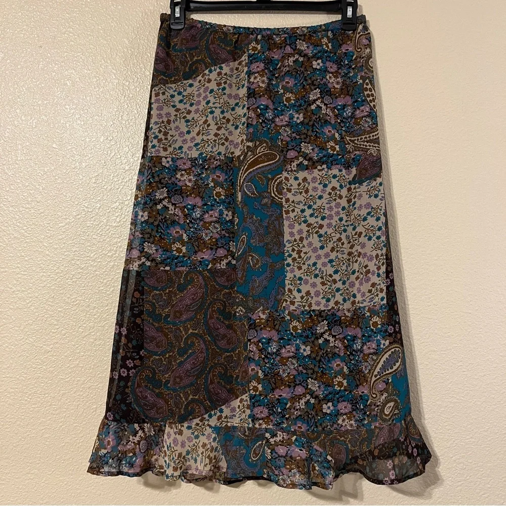 Christopher & Banks S Brown w/ Multicolored Floral & Paisley Print Midi Skirt - Picture 1 of 8